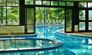 An indoor/outdoor pool is a selling point to be one of our destination hotels. This one is at Stonewall Resort.